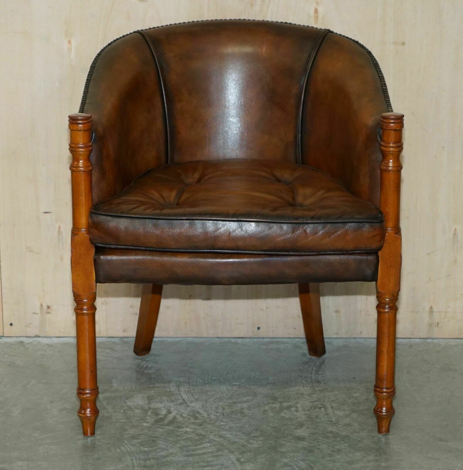 photo vintage Six Hand Dyed Brown Leather Thomas Chippendale Chesterfield Tub Club Armchairs
