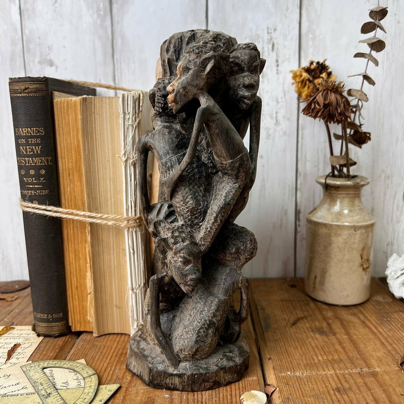 Vintage Wooden Hand Carved African Folk Art Makonde Tree Of Life Family Statue photo vintage