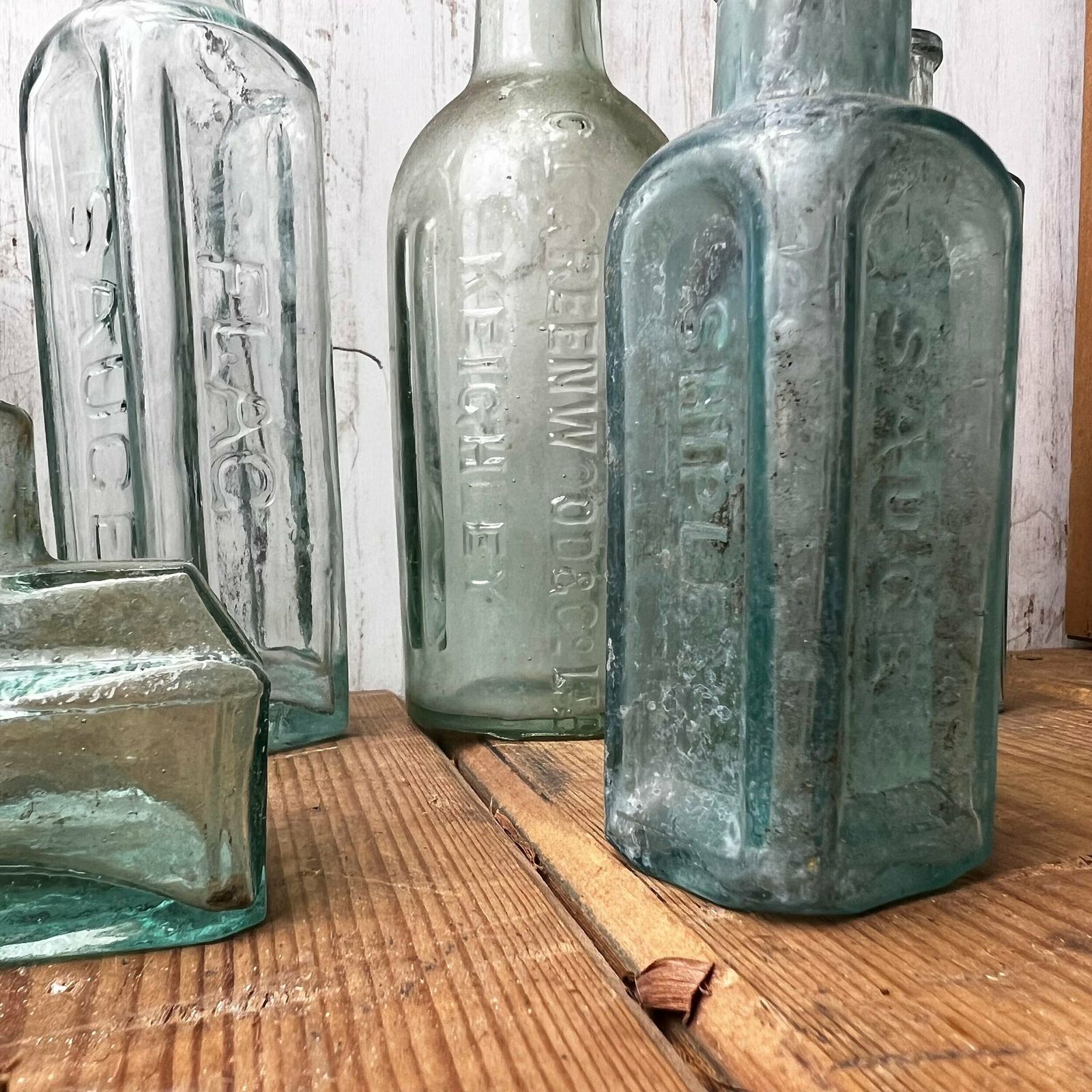 Collection Of Ten Antique Glass Poison Apothecary Chemist Bottles Vases photo vintage