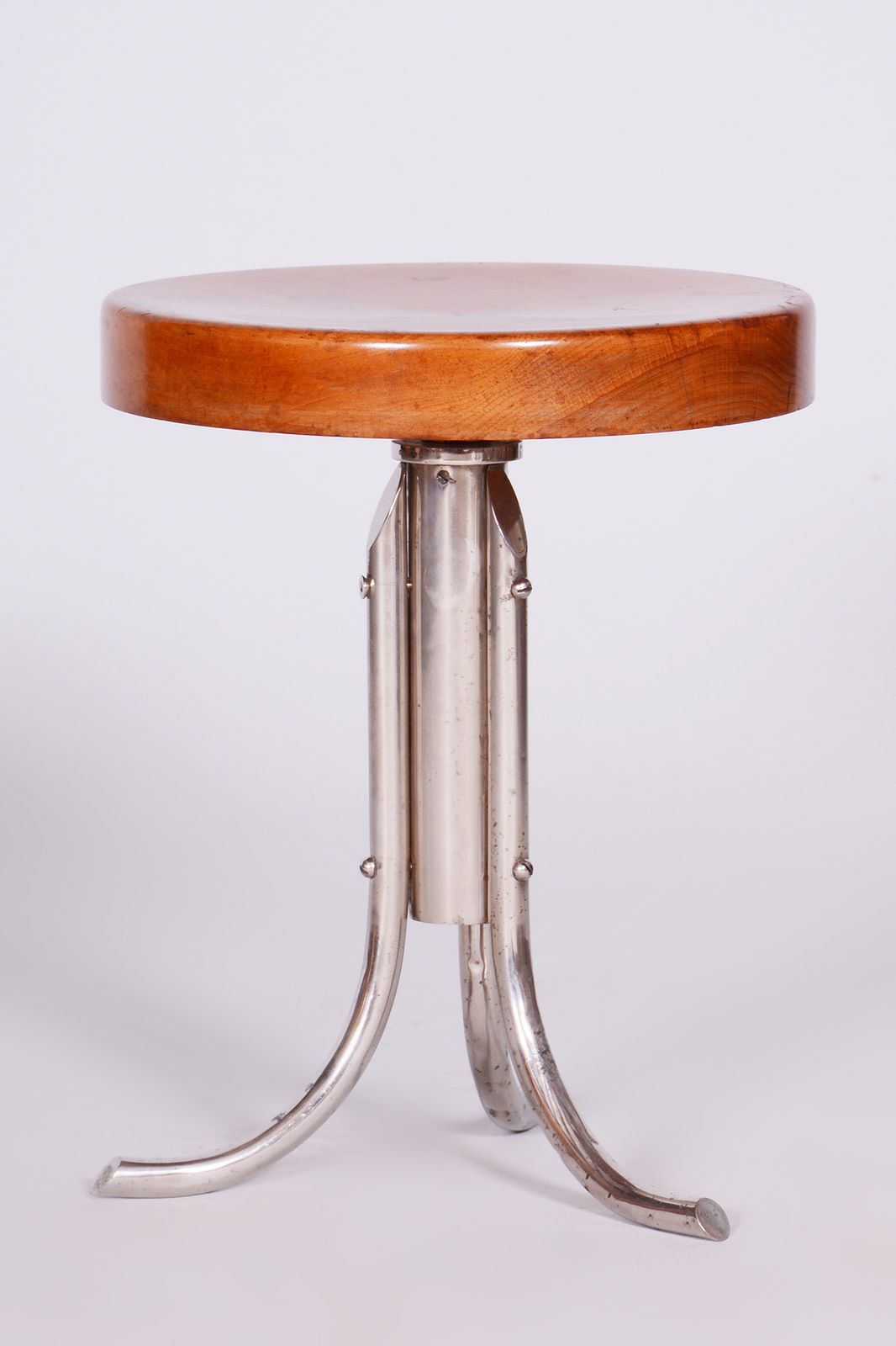 Restored Bauhaus Stool, Mücke Melder, Beech, Chrome Plated Steel, Czechia, 1930s