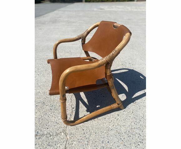 Mid Century Safari Armchair In Bamboo And Leather, Denmark, 1960s photo Furniture