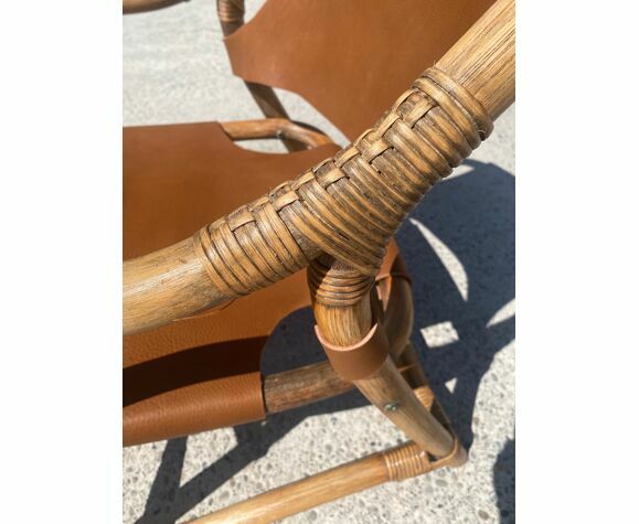 photo for sale Mid Century Safari Armchair In Bamboo And Leather, Denmark, 1960s