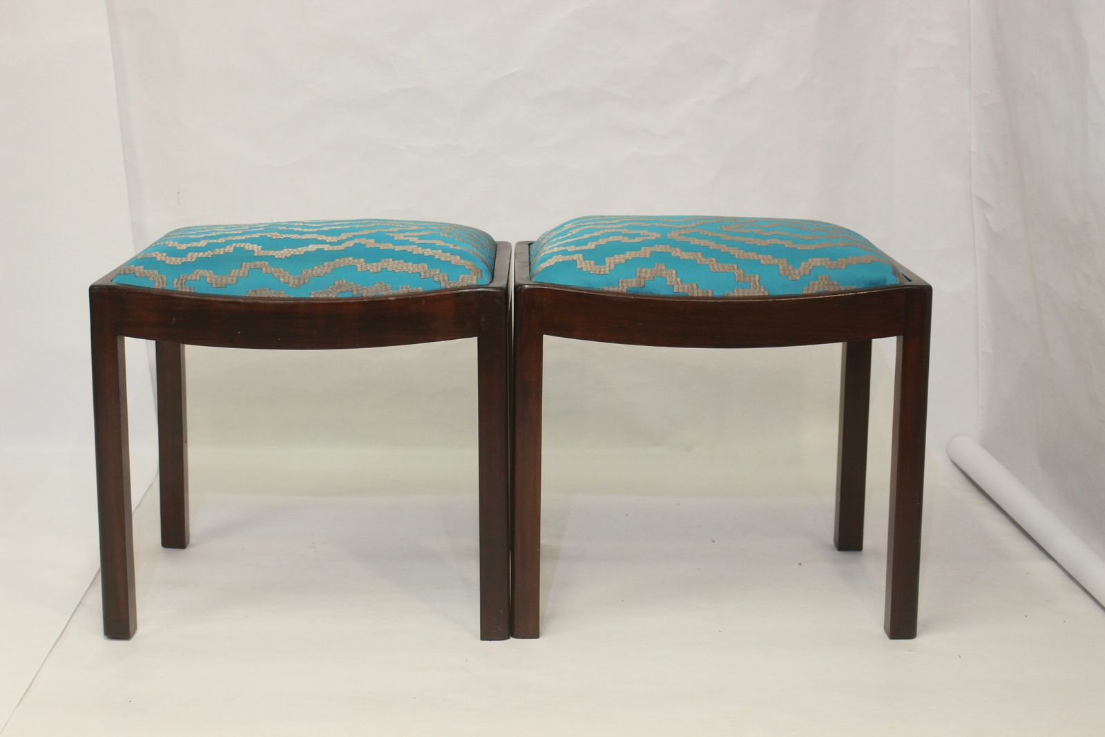 photo for sale Pair Of Designer Stools From The 50s/60s In Jacquard Fabric.