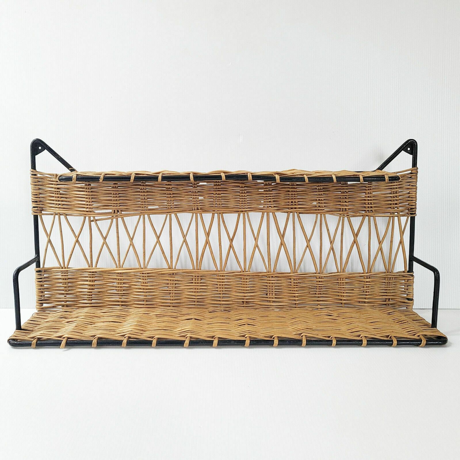 Vintage Wandplank Met Kattenorendesign, Jaren 1950, Rotan En Staal, Rockabilly 50s
