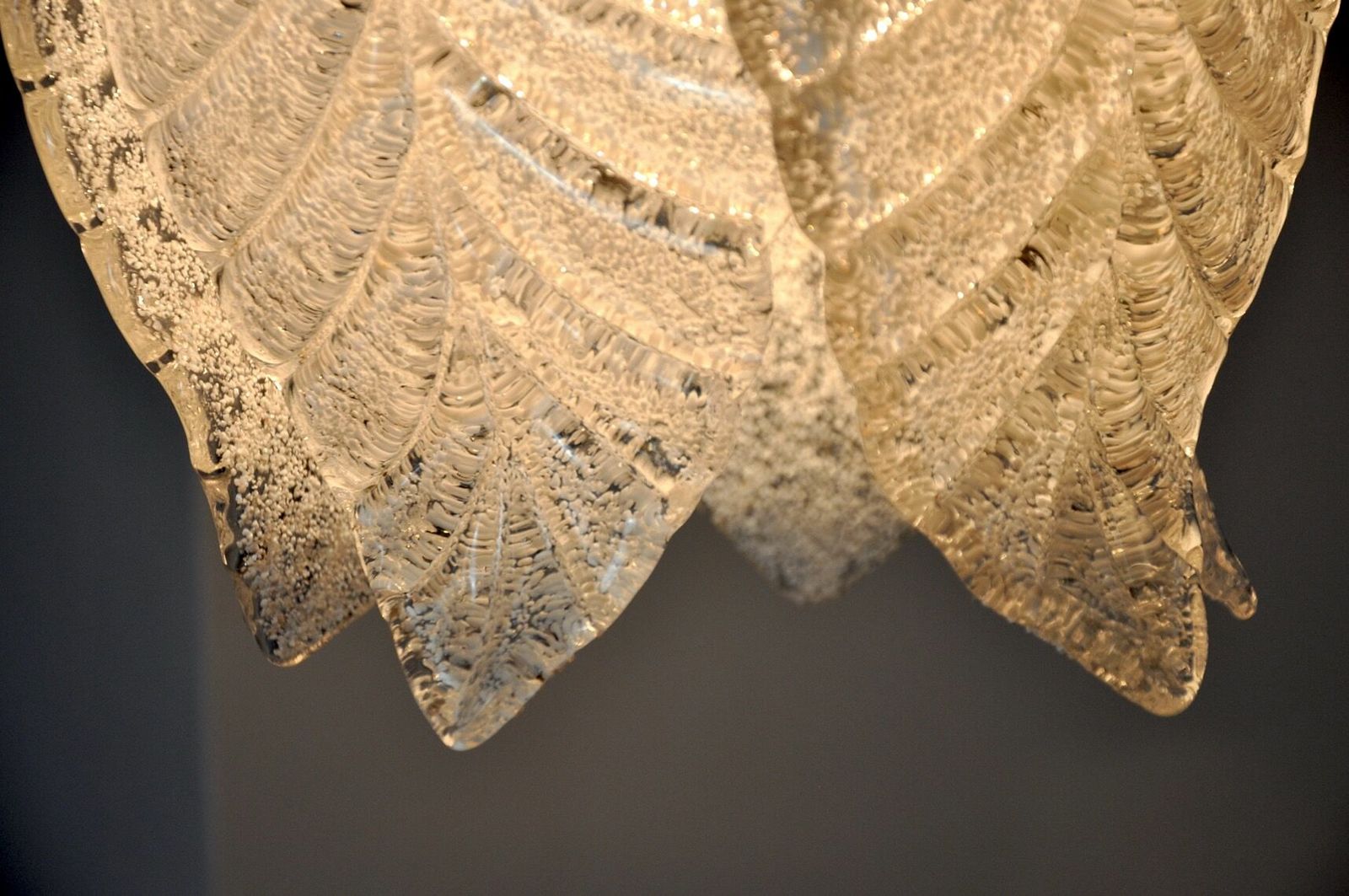 Chandelier "Leaves" 2 Levels, Frosted Glass, Murano Mazzega, Italy 1960 photo for sale