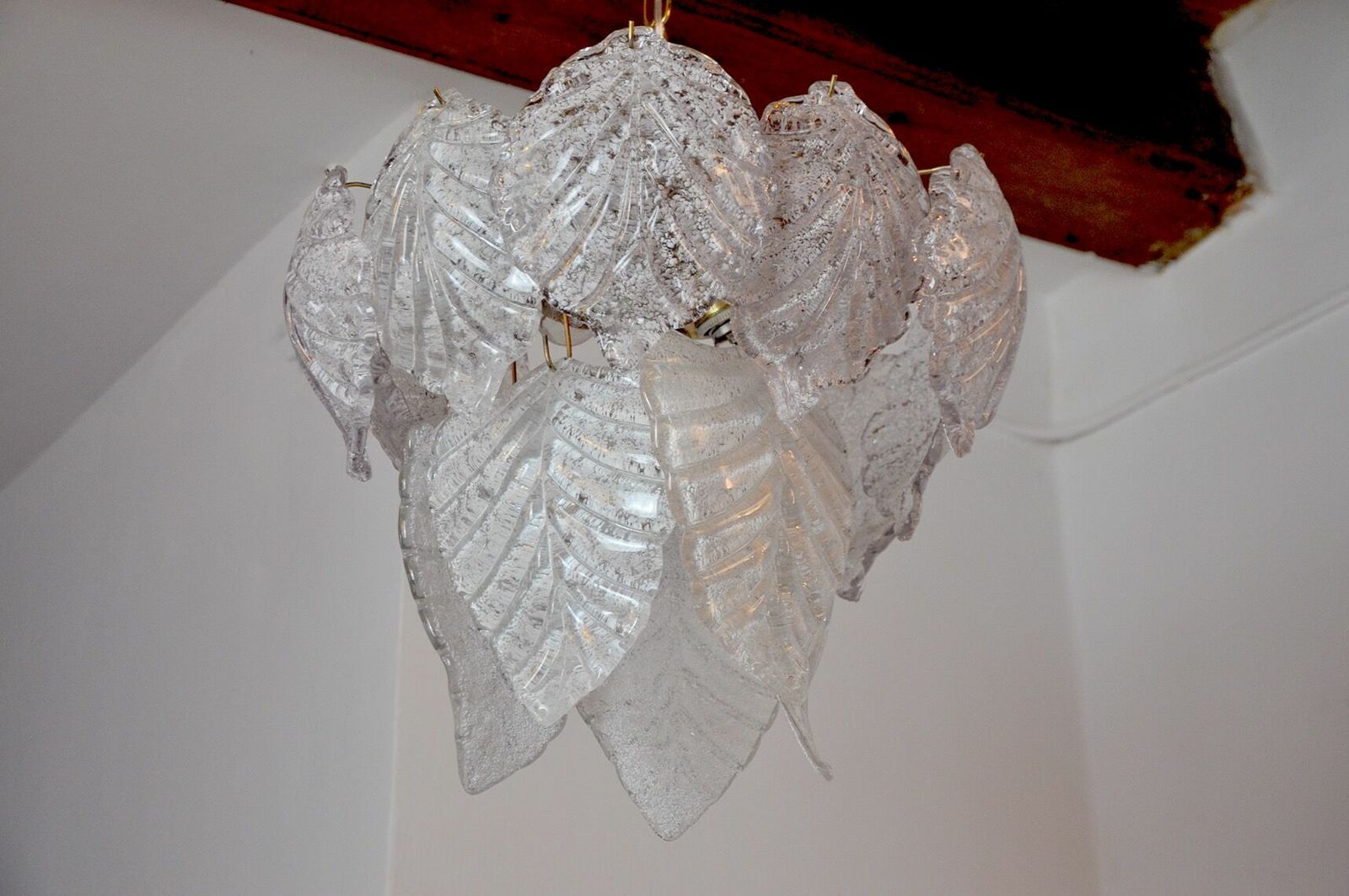 photo furniture Chandelier "Leaves" 2 Levels, Frosted Glass, Murano Mazzega, Italy 1960