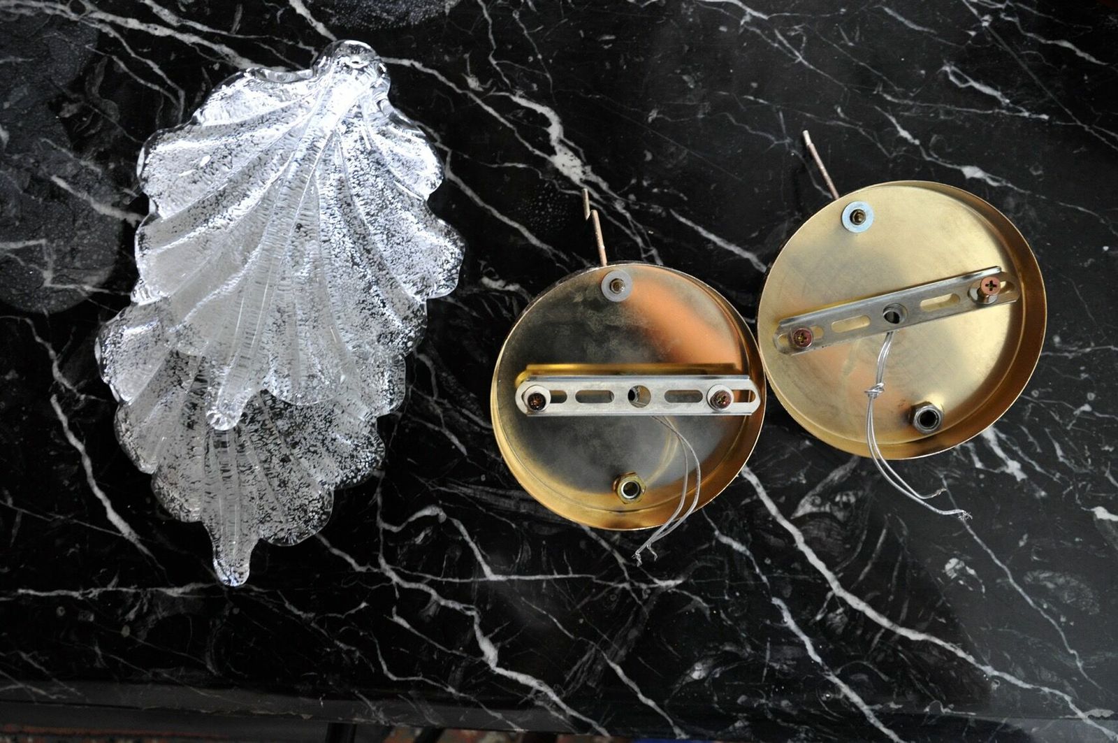 Pair Of Wall Lamps Feuille By Murano Mazzega In Frosted Glass Italy 1970 photo Lighting