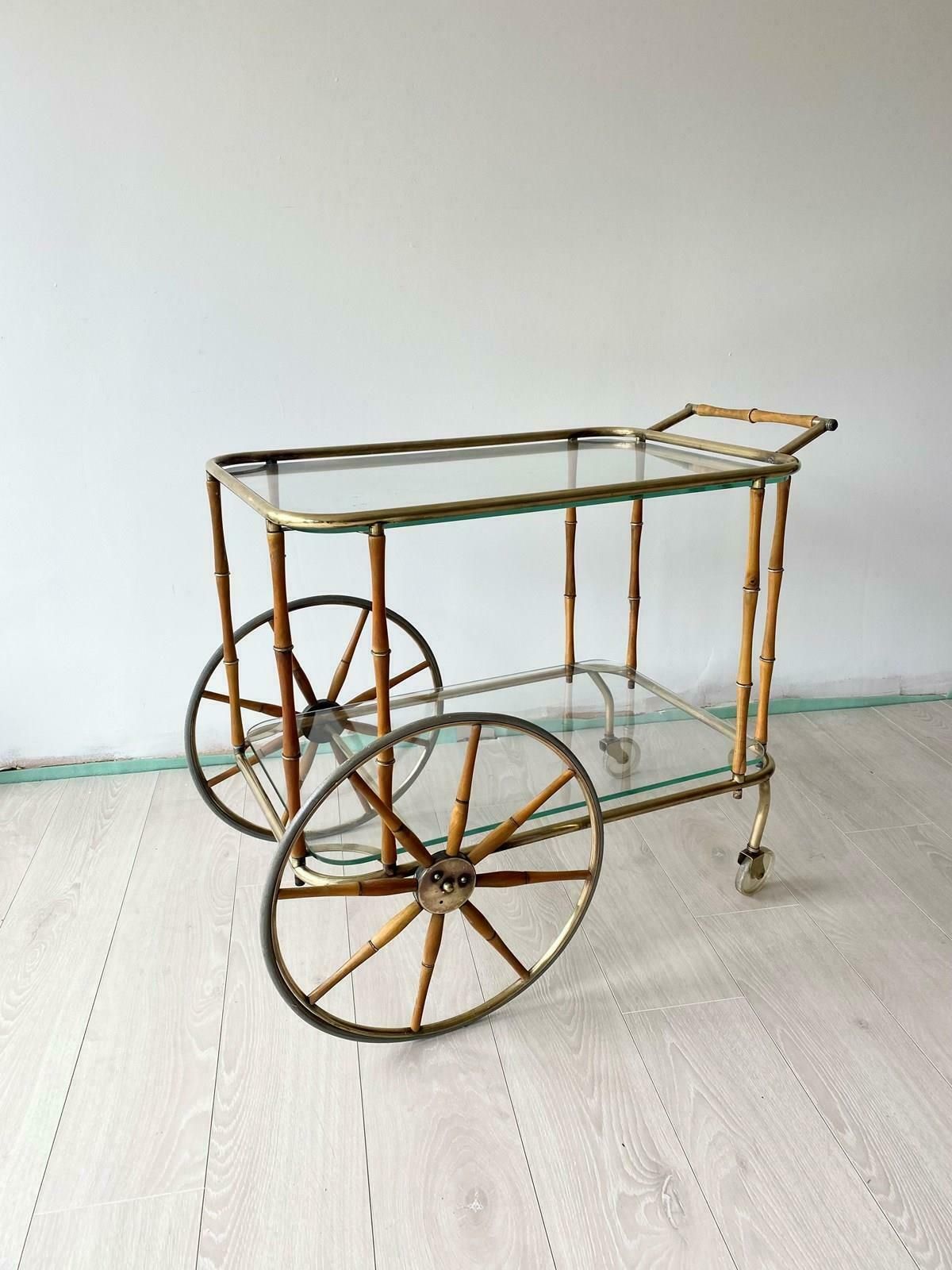 Maison Jansen Faux Bamboo & Brass Drinks Trolley photo for sale