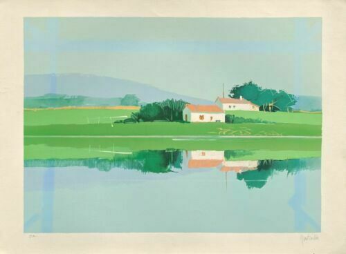 Denis Montaillier Original Signed Lithograph Landscape France The Houses
