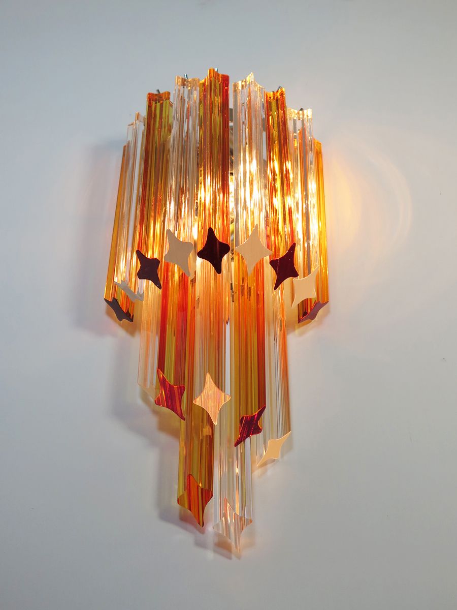 Pair Of Vintage Murano Wall Sconce – 32 Quadriedri Amber And Trasparent Prism photo for sale