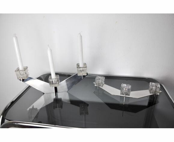 Pair Of Peill & Putzler Candlesticks, Glass And Metal, Germany, 1970 photo vintage