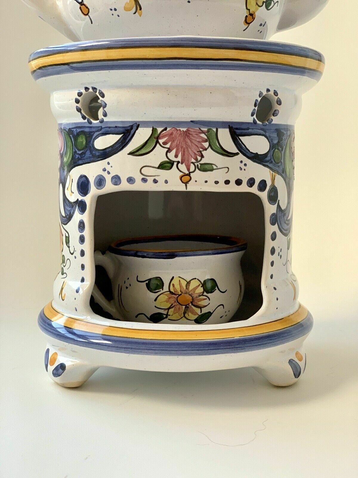 Hand Painted Faïence Décor Rouen Tisaniere Teapot & Warmer, French photo furniture