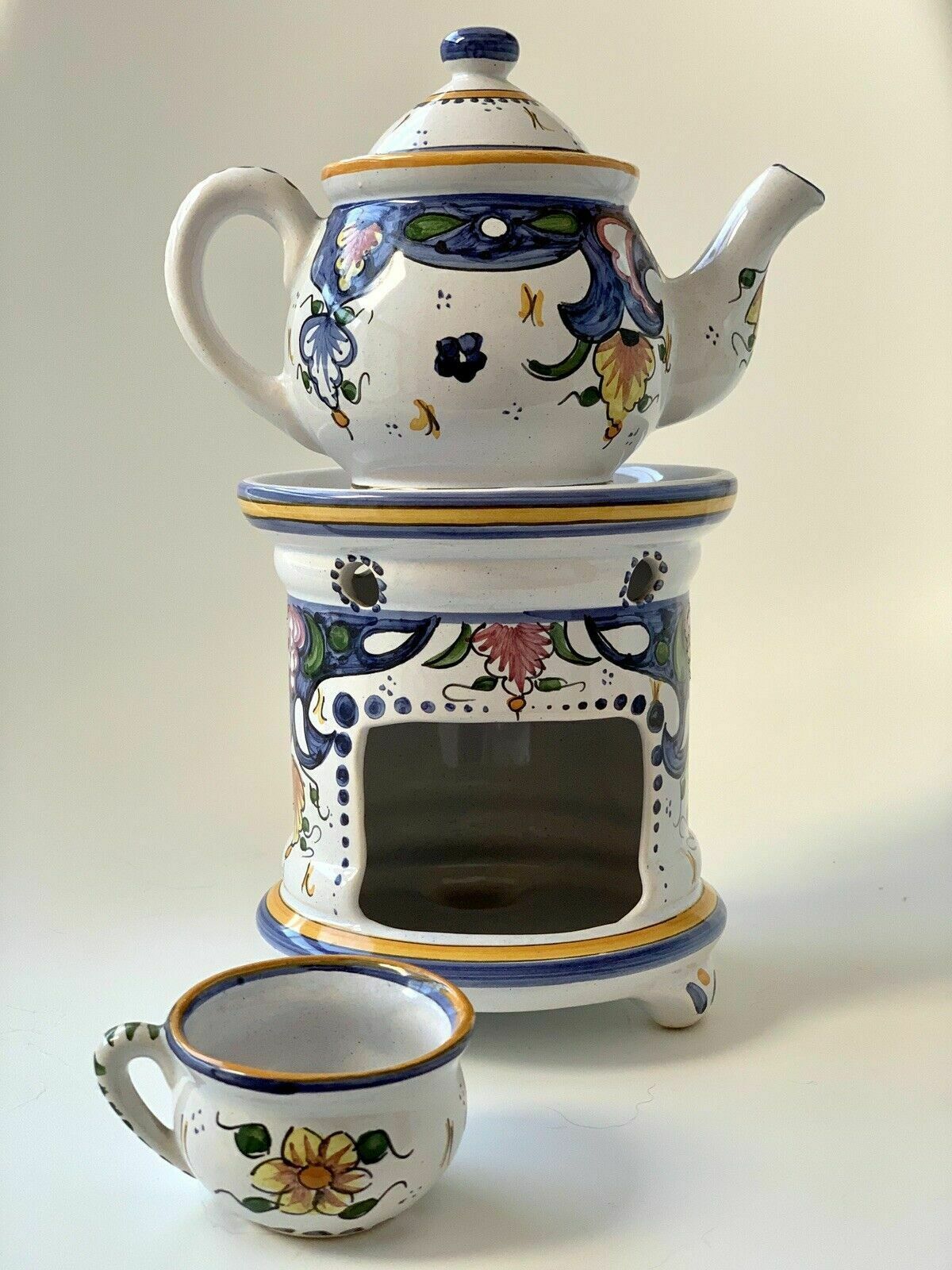 Hand Painted Faïence Décor Rouen Tisaniere Teapot & Warmer, French photo for sale