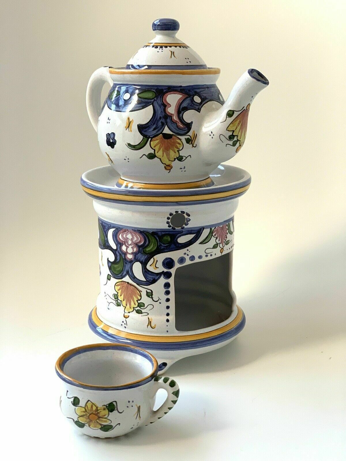 Hand Painted Faïence Décor Rouen Tisaniere Teapot & Warmer, French photo vinterior