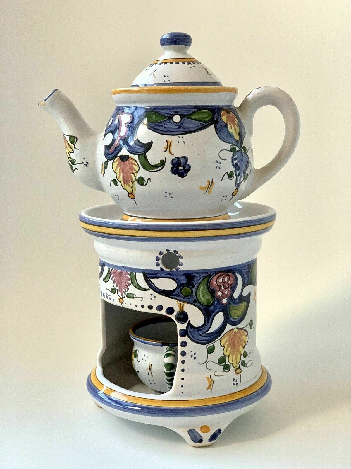 Hand Painted Faïence Décor Rouen Tisaniere Teapot & Warmer, French photo vintage