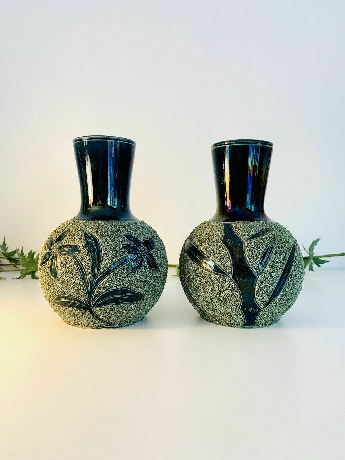 Rare Pair Of Majolica Forester & Sons Arbor Florescent Green Sanded Mantle Vases