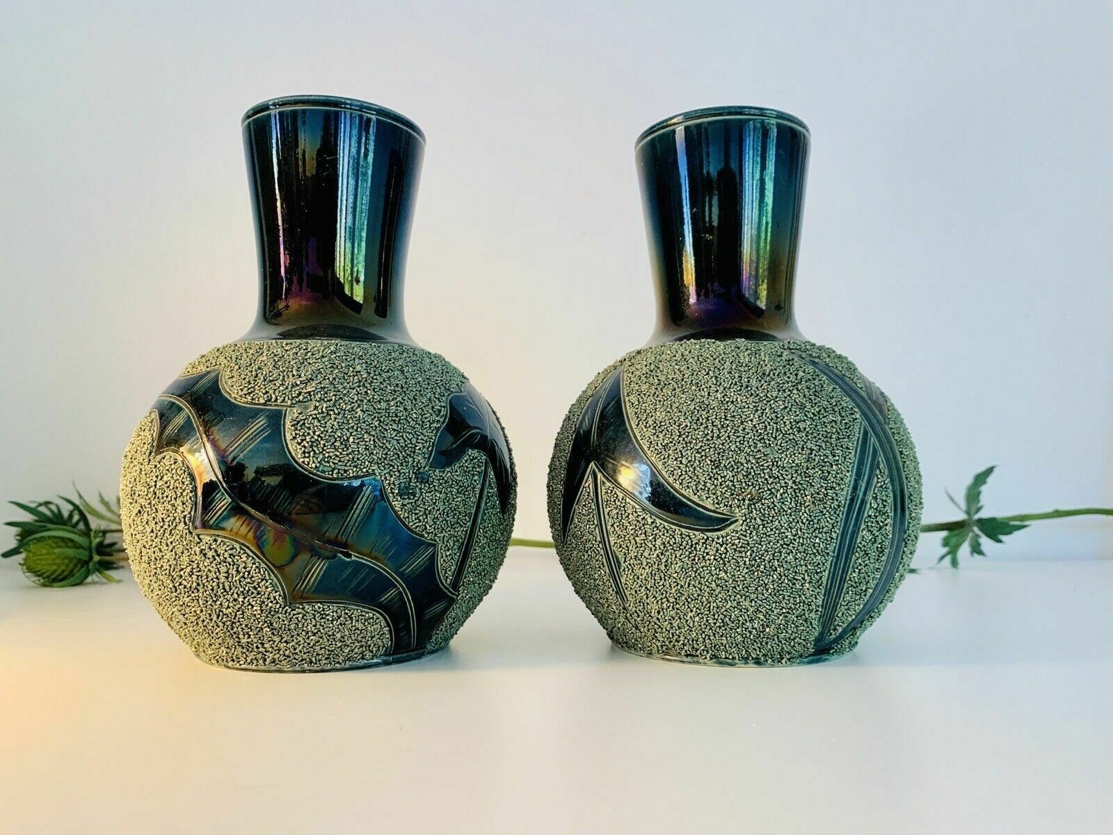 Rare Pair Of Majolica Forester & Sons Arbor Florescent Green Sanded Mantle Vases photo furniture