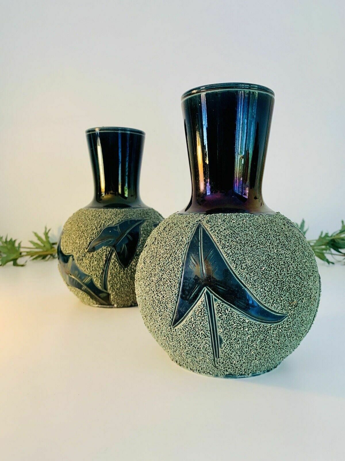 Rare Pair Of Majolica Forester & Sons Arbor Florescent Green Sanded Mantle Vases photo Home Decor