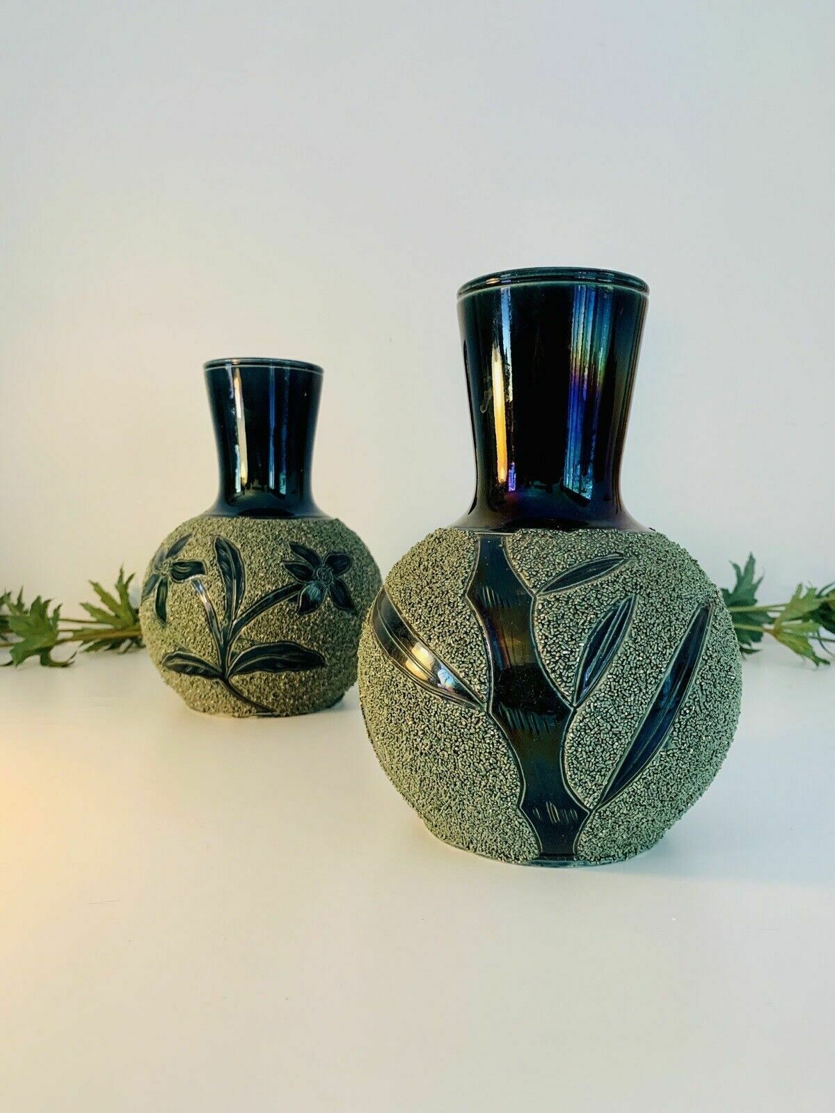 Rare Pair Of Majolica Forester & Sons Arbor Florescent Green Sanded Mantle Vases photo 100.0