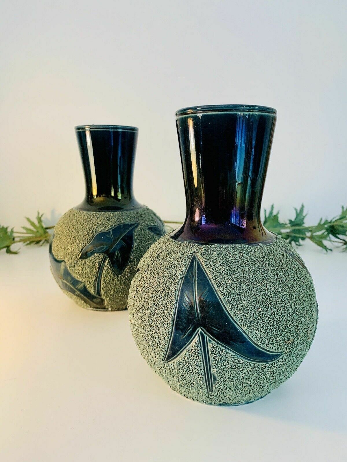 Rare Pair Of Majolica Forester & Sons Arbor Florescent Green Sanded Mantle Vases photo vinterior