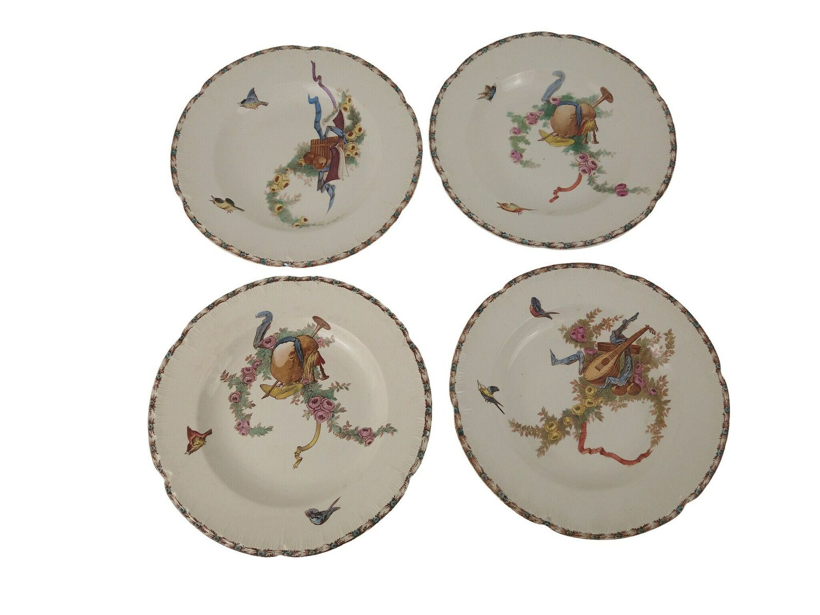 Antique French Ironstone Soup & Pasta Plates Set Of 4 By Choisy Le Roi With Transferware Birds, Roses And Musical Instruments