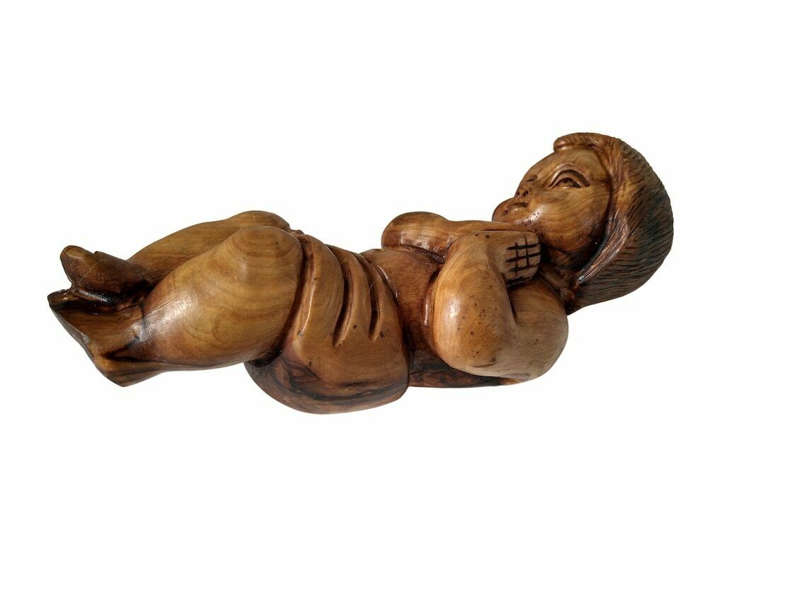 Hand Carved Olive Wood Baby Jesus Figurine, Vintage Holy Land Christian Souvenir, Christmas Nativity Figure photo 200.0