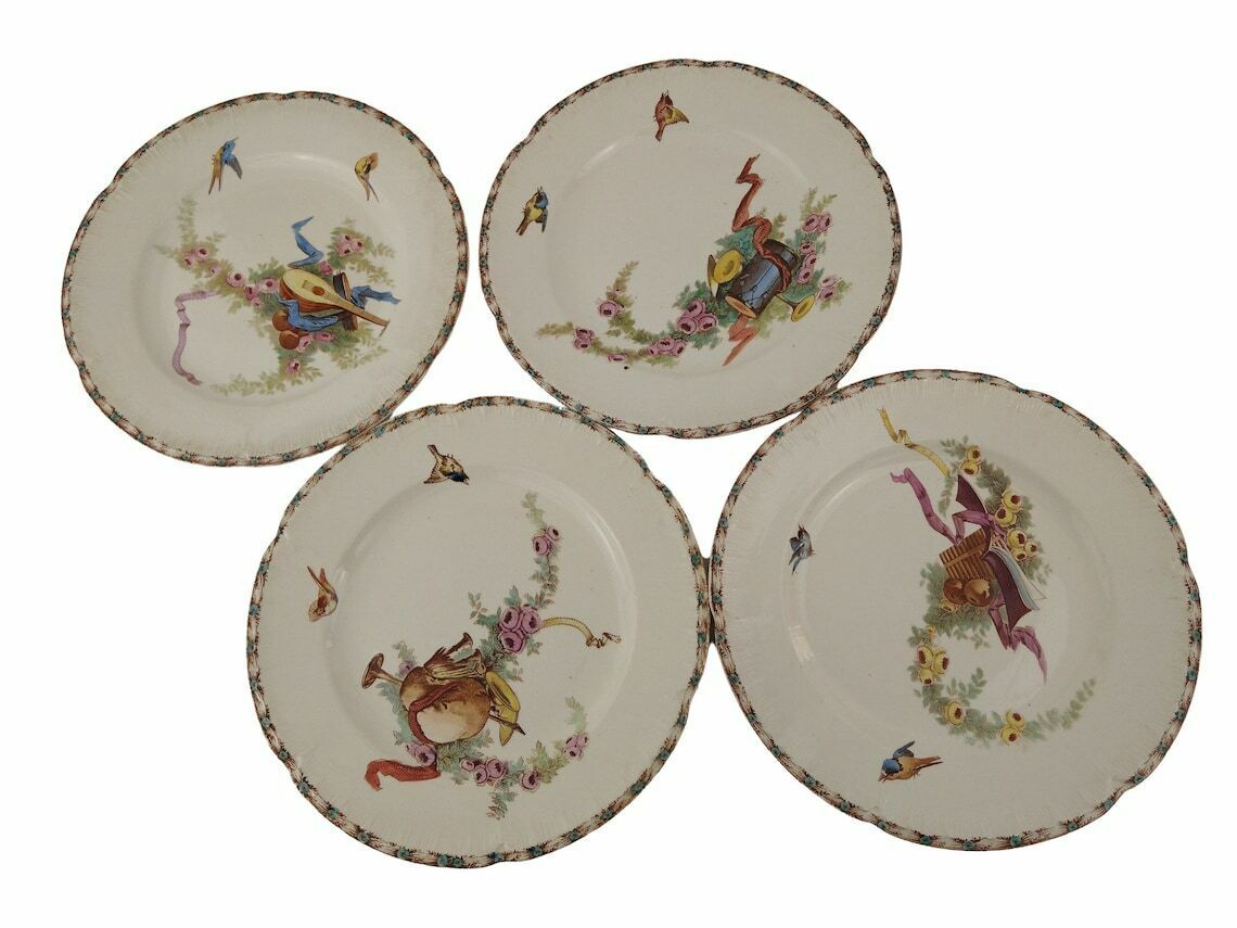 Antique French Ironstone Dinner Plates Set Of 4 By Choisy Le Roi With Transferware Birds, Roses And Musical Instruments photo furniture