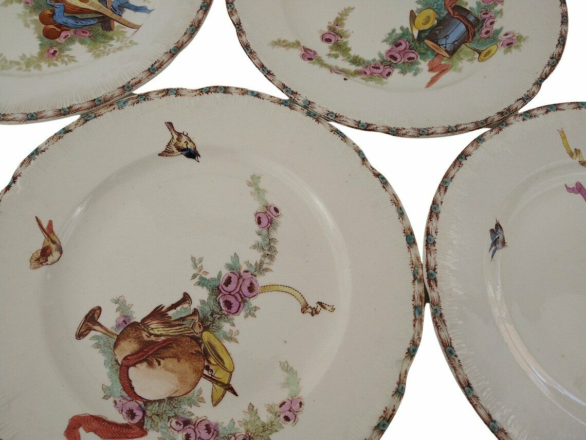 Antique French Ironstone Dinner Plates Set Of 4 By Choisy Le Roi With Transferware Birds, Roses And Musical Instruments photo for sale