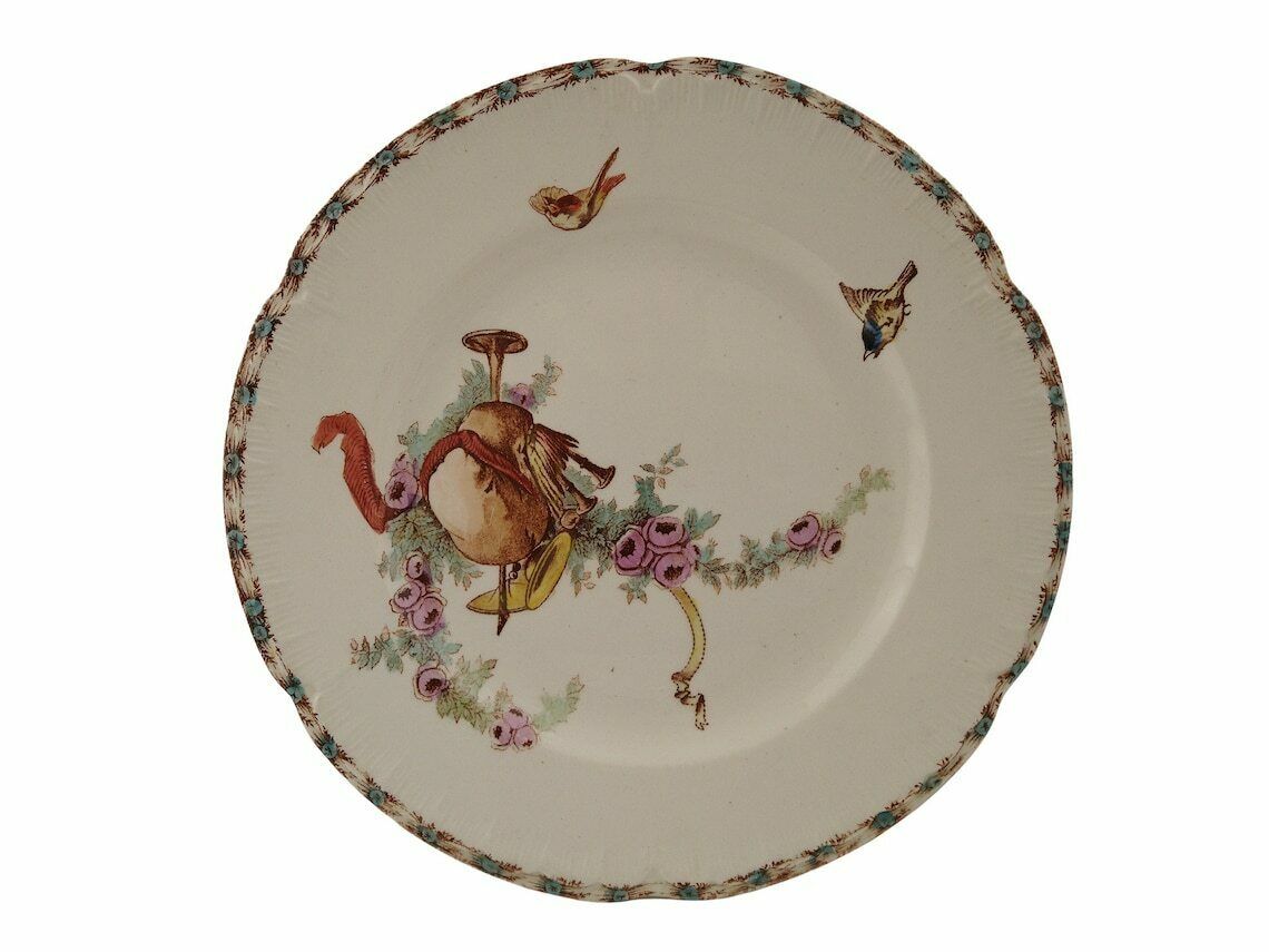 Antique French Ironstone Dinner Plates Set Of 4 By Choisy Le Roi With Transferware Birds, Roses And Musical Instruments photo 276.0