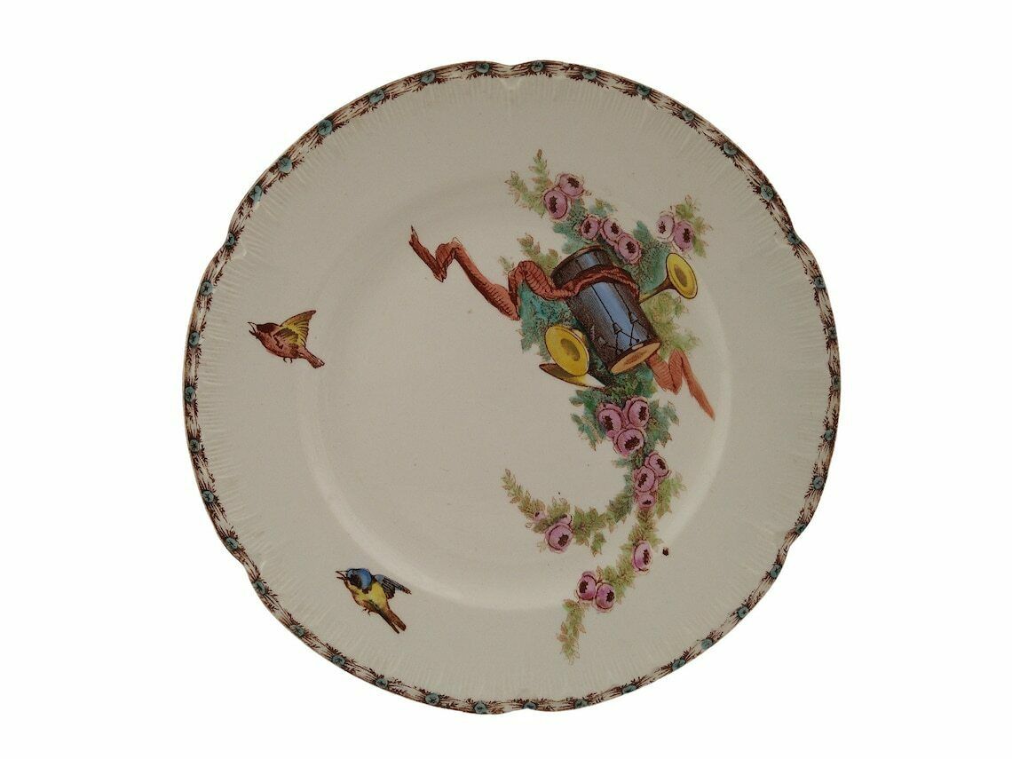 Antique French Ironstone Dinner Plates Set Of 4 By Choisy Le Roi With Transferware Birds, Roses And Musical Instruments photo buy