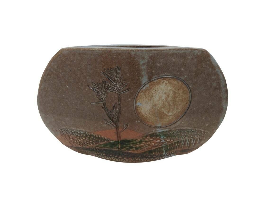 Mid Century Art Studio Pottery Vase With Full Moon And Tree Landscape Signed Ap, Modernist French Mcm Ceramic photo furniture