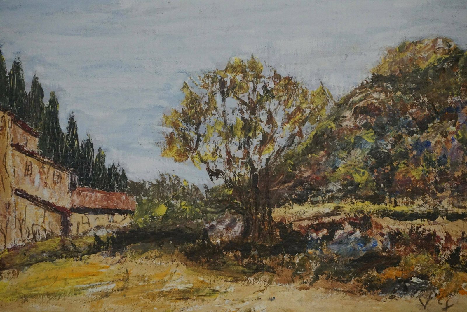 Olive Tree And Farmhouse Landscape Painting In Provence, Original Signed Art photo for sale