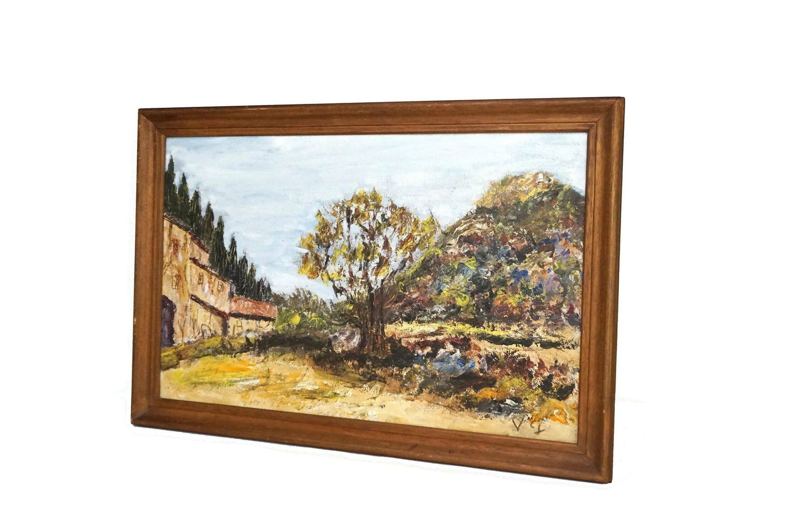 Olive Tree And Farmhouse Landscape Painting In Provence, Original Signed Art photo vintage