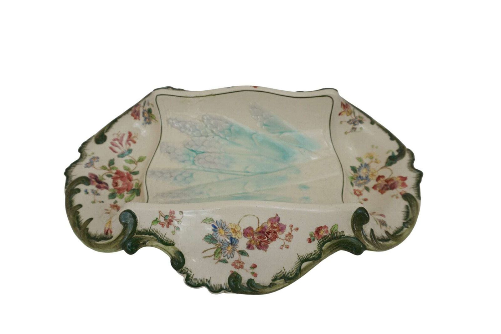 Antique French Faience Asparagus Cradle Platter By Longchamp With Hand Painted Spring Flower Decor photo furniture