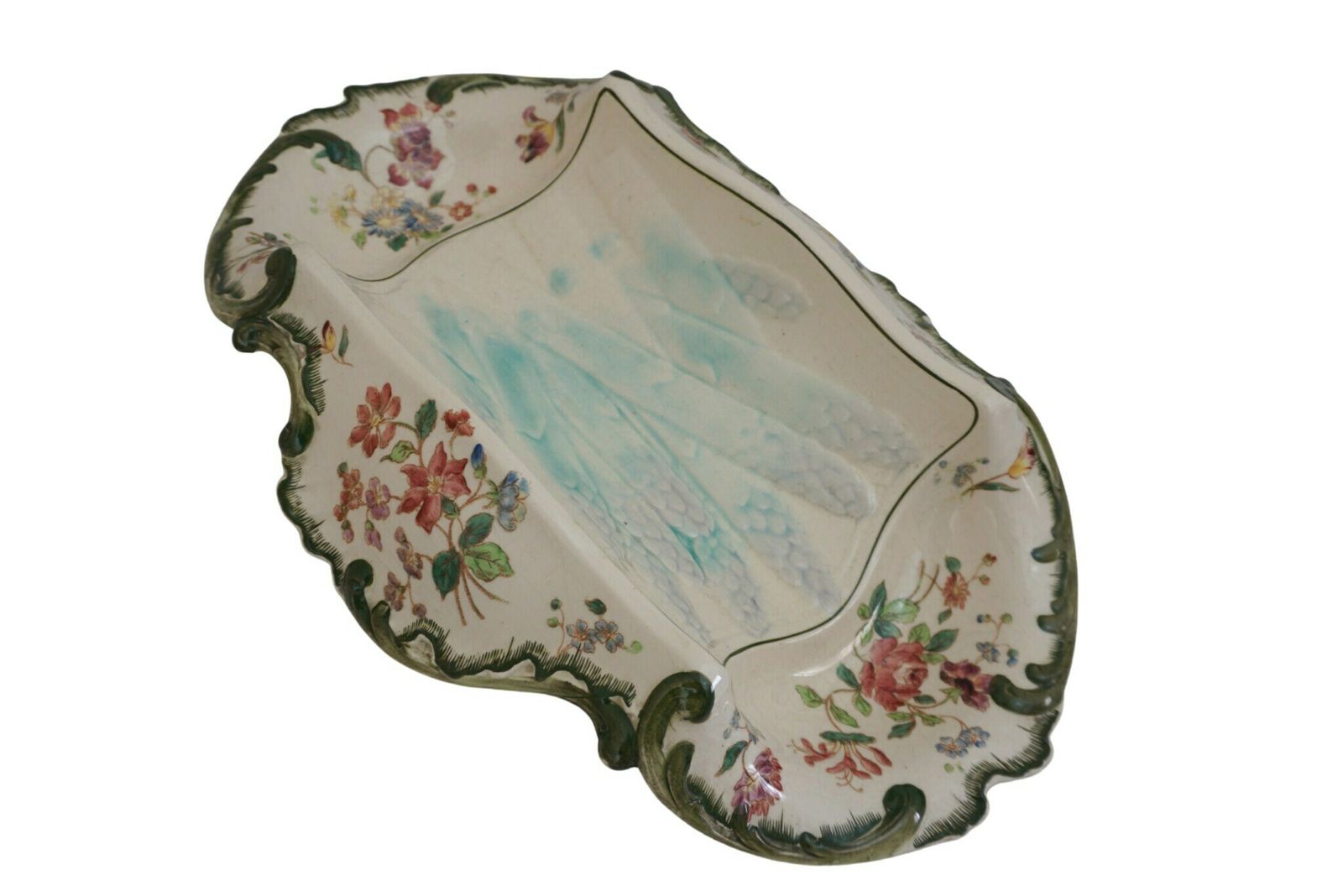 Antique French Faience Asparagus Cradle Platter By Longchamp With Hand Painted Spring Flower Decor photo Home Decor