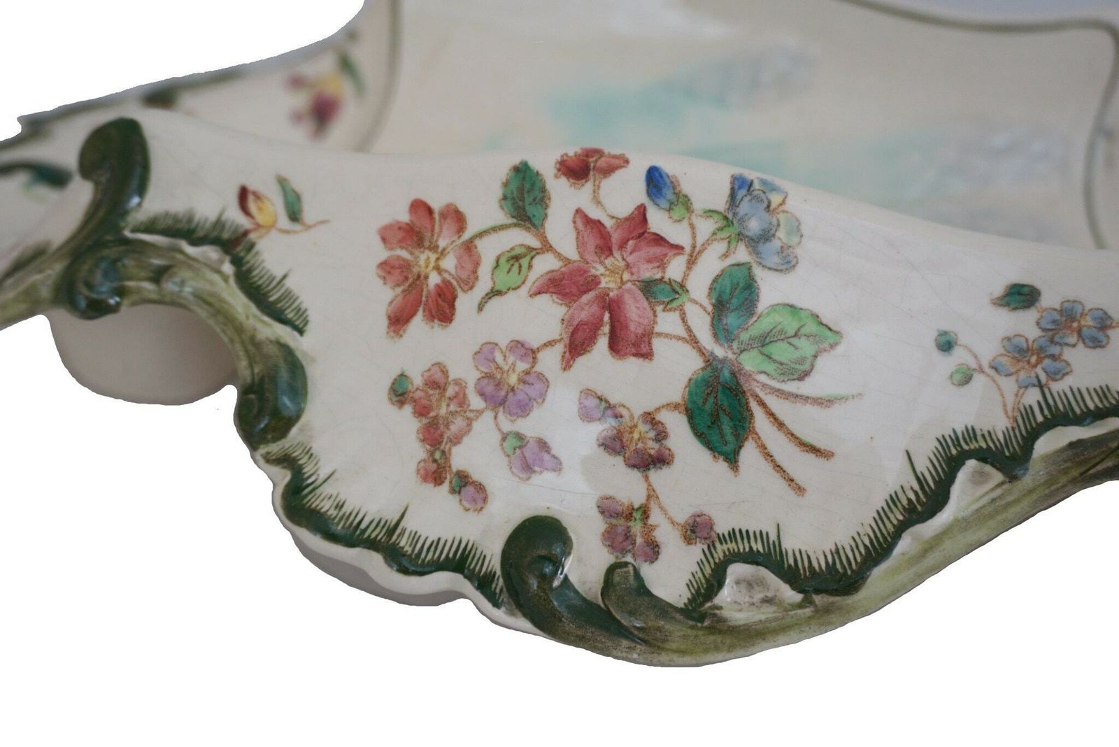 Antique French Faience Asparagus Cradle Platter By Longchamp With Hand Painted Spring Flower Decor photo vintage