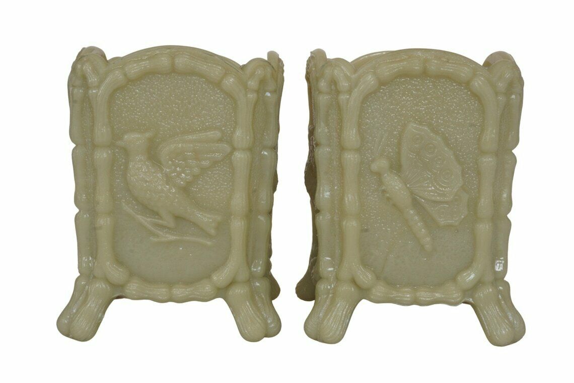 French Art Nouveau Opaline Vases Pair With Birds And Butterflies, Antique Ernest Schmid Art Milk Glass Jewelry Holders