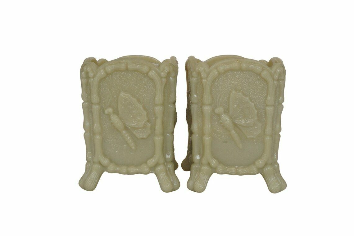 French Art Nouveau Opaline Vases Pair With Birds And Butterflies, Antique Ernest Schmid Art Milk Glass Jewelry Holders photo for sale