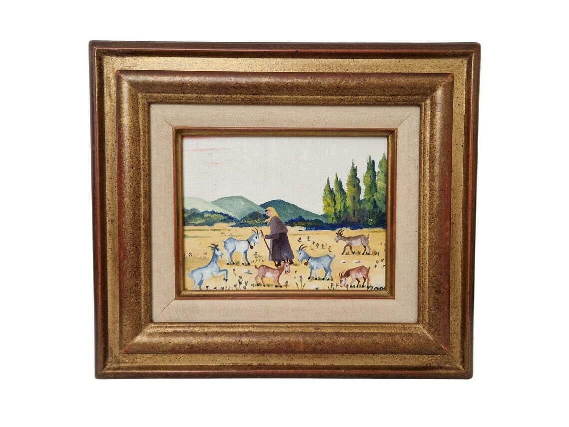 Female Goatherd With Flock Of Goats In French Country Landscape Painting, Framed Rustic Farmhouse Art And Wall Decor