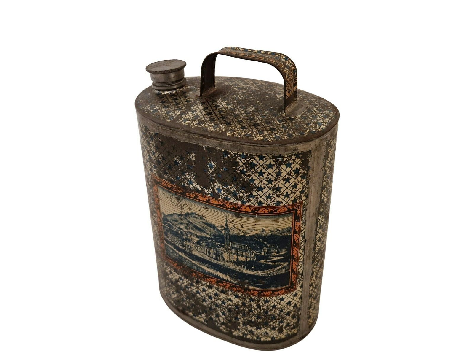 Antique Lourdes Souvenir Holy Water Flask, French Antique Tin Canteen photo furniture
