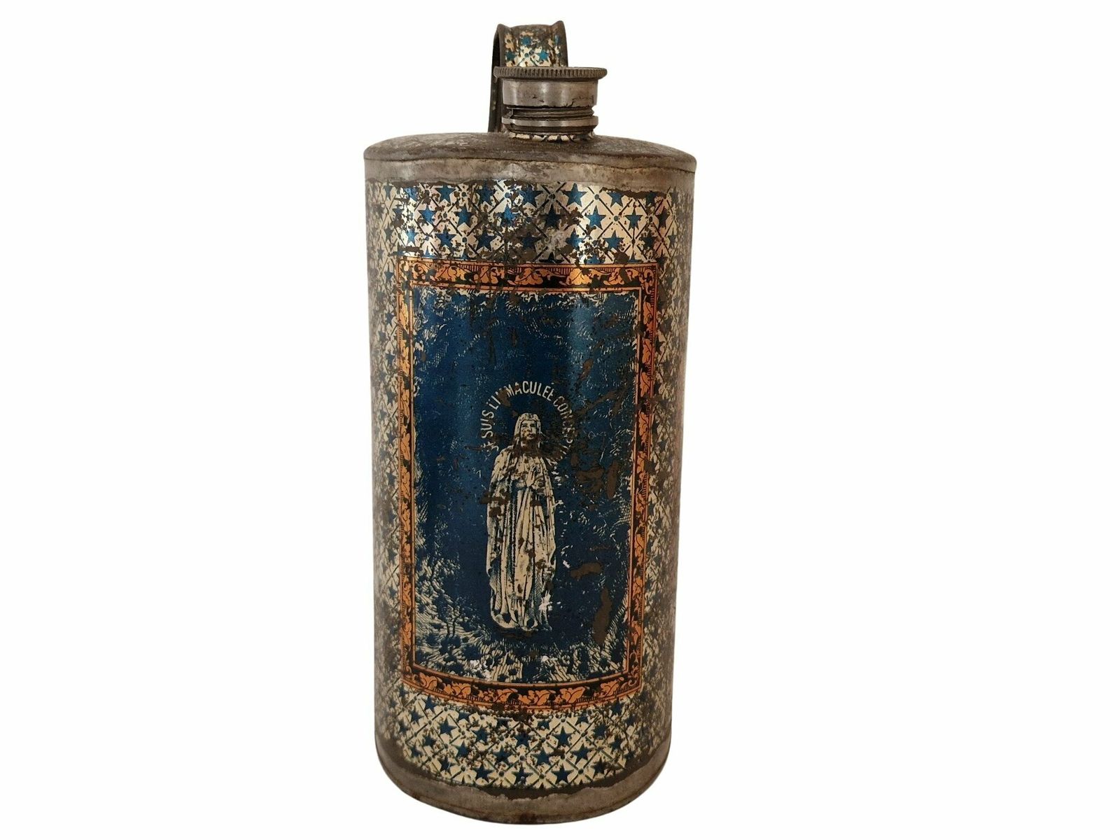 Antique Lourdes Souvenir Holy Water Flask, French Antique Tin Canteen photo Home Decor