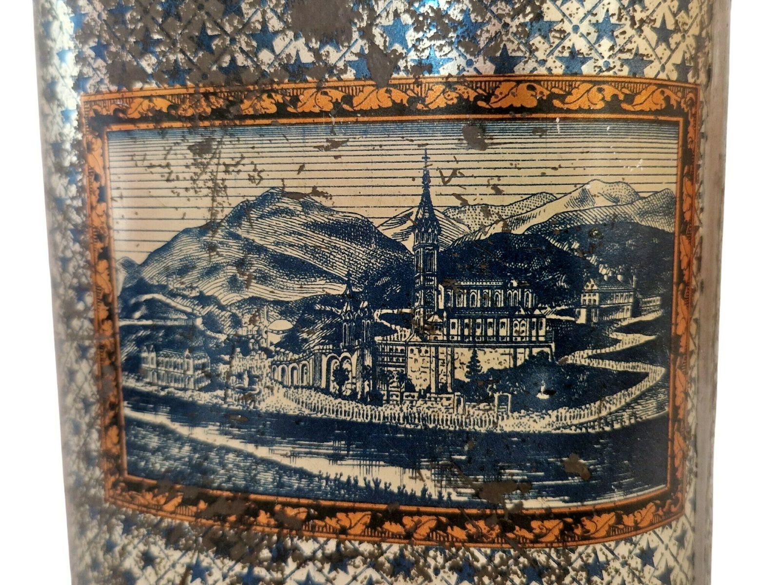 photo furniture Antique Lourdes Souvenir Holy Water Flask, French Antique Tin Canteen