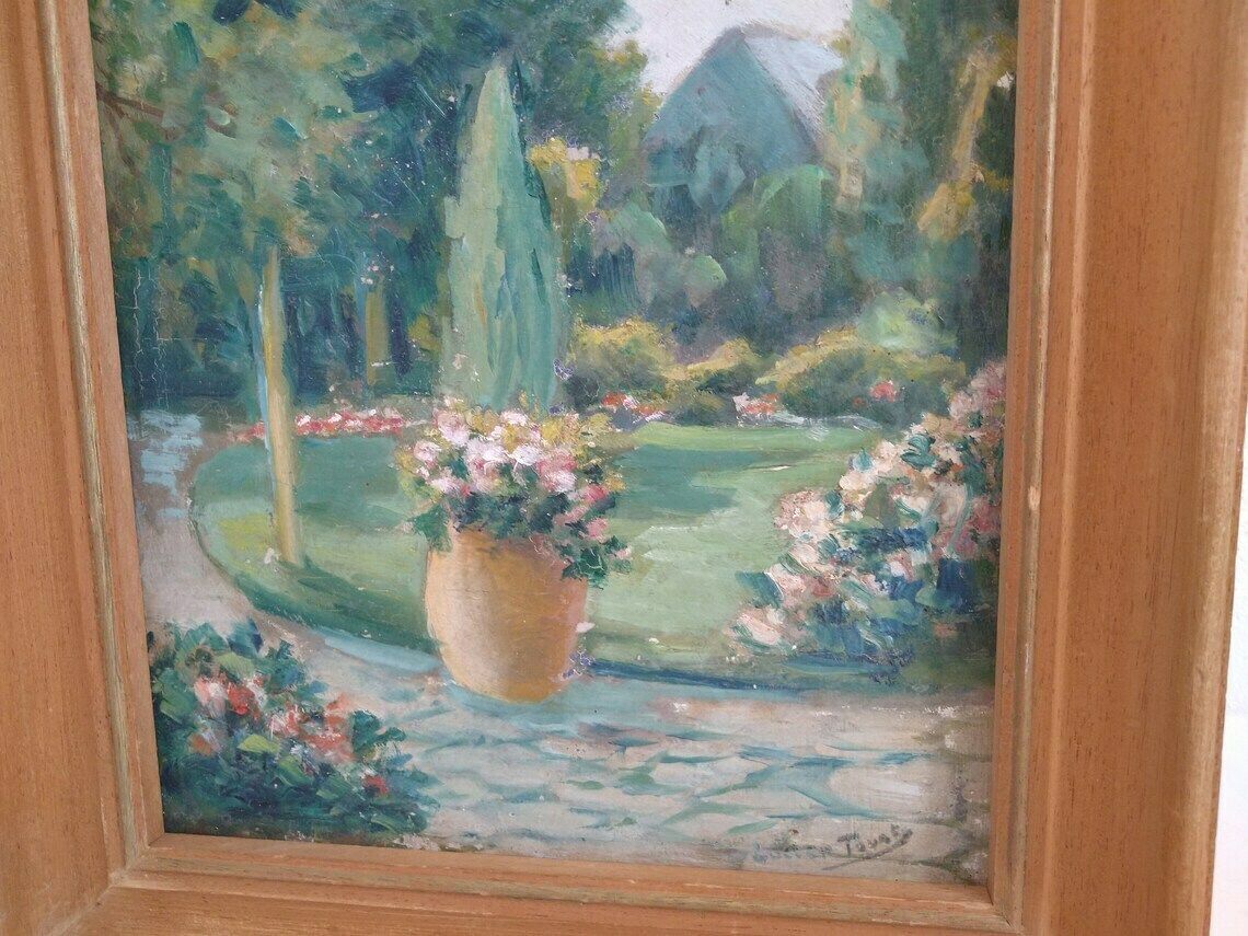 French Flower Garden And Park Landscape Painting, Framed And Signed Art photo for sale
