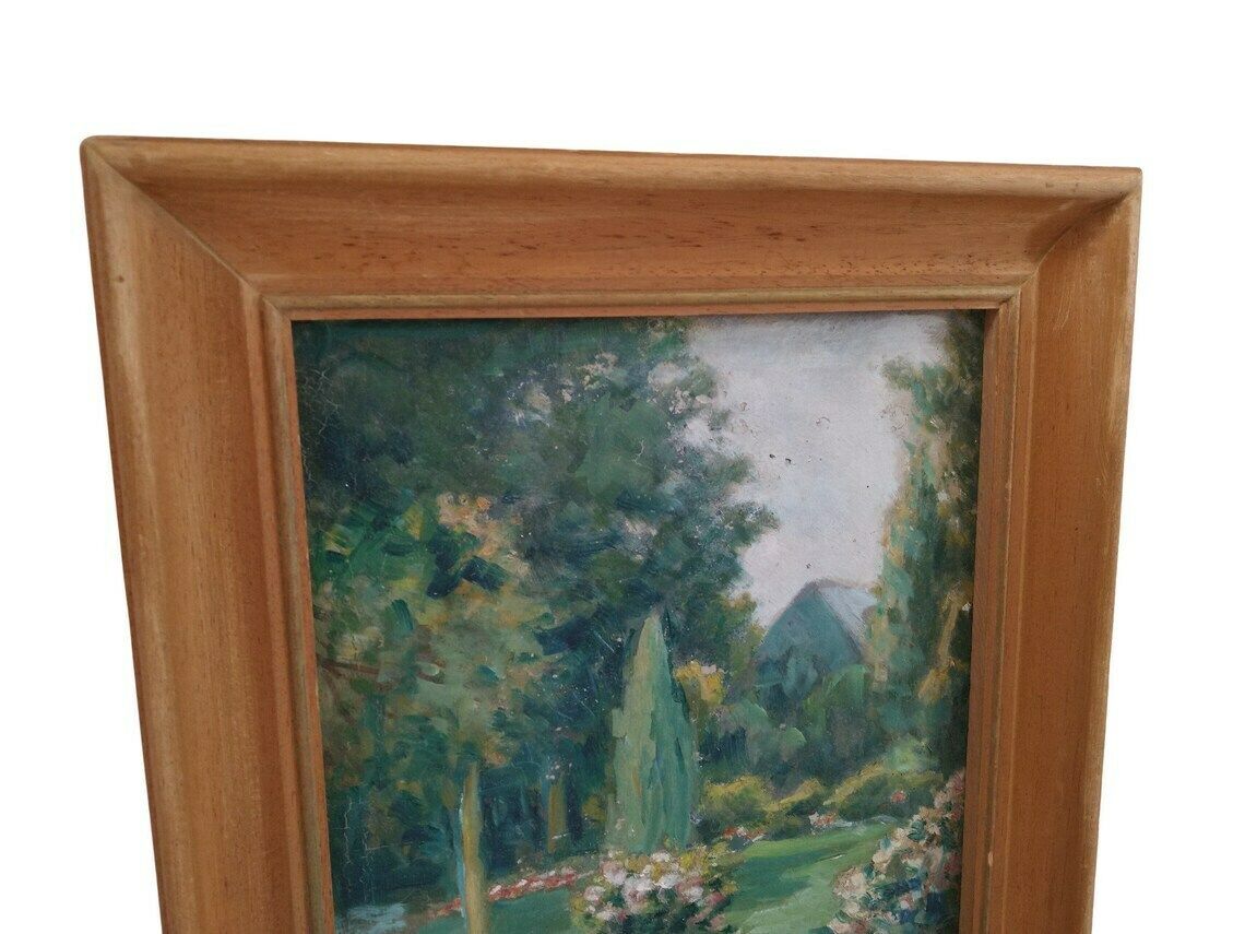 French Flower Garden And Park Landscape Painting, Framed And Signed Art photo vintage