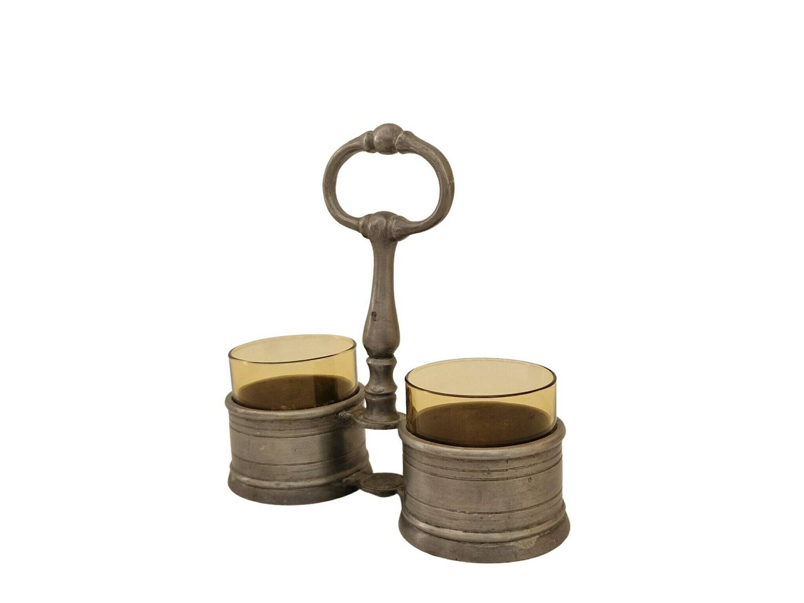 French Pewter Salt And Pepper Cellar Set With Brown Glass Bowls, Condiment Cruet Set With Cradle photo Home Decor
