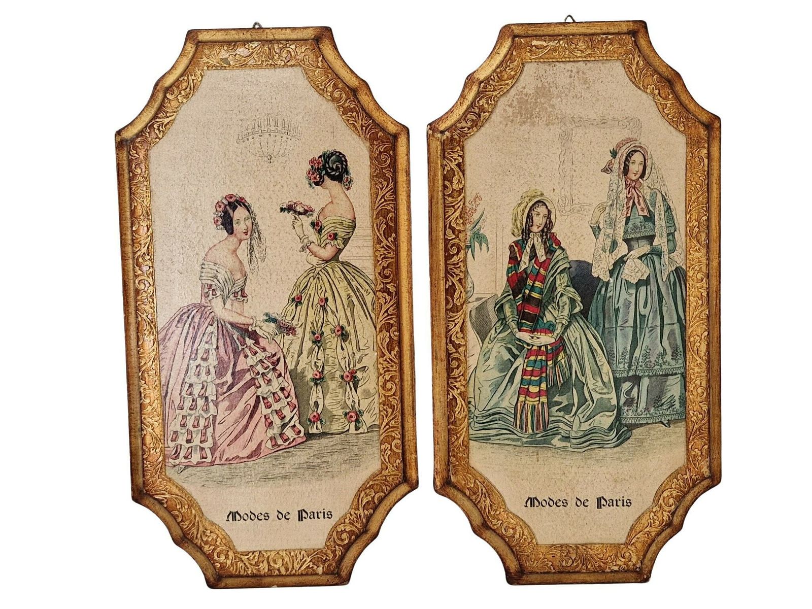 Florentine Modes De Paris Wall Hanging Plaques, Set Of 2, 19th Century Style French Fashion Prints photo furniture