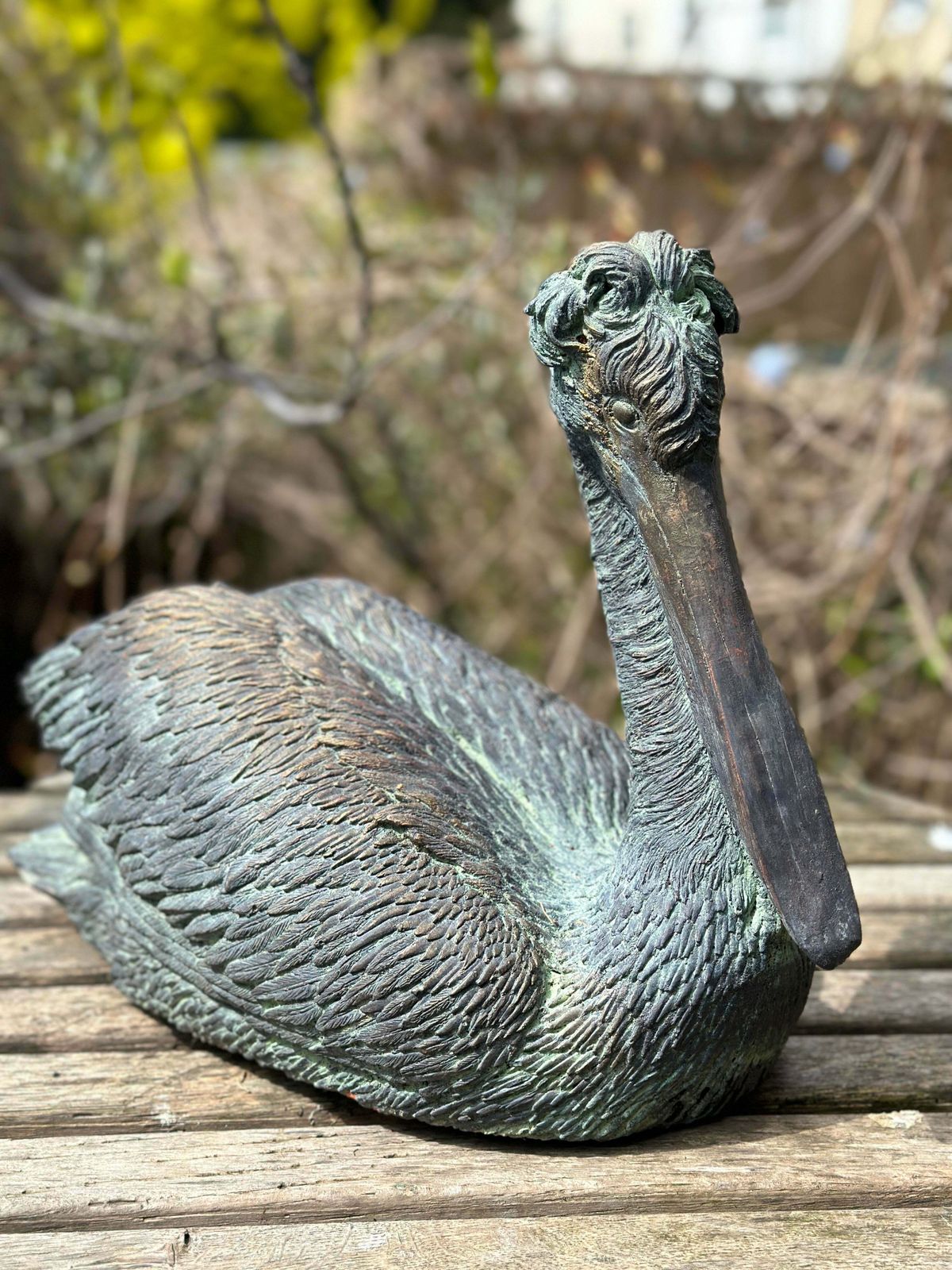 Beautiful Architectural Verdigris Bronzed Garden/Interior Sculpture/Statue Pelican With Fabulous Detailing
