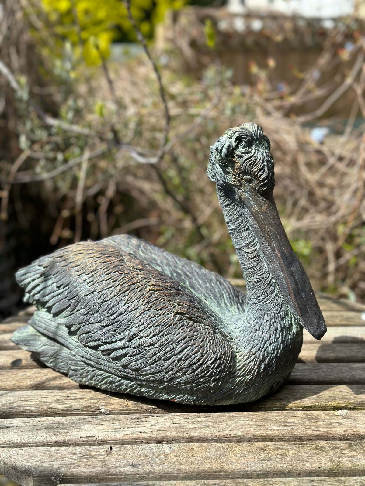 Garden Decor Beautiful Architectural Verdigris Bronzed Garden/Interior Sculpture/Statue Pelican With Fabulous Detailing photo