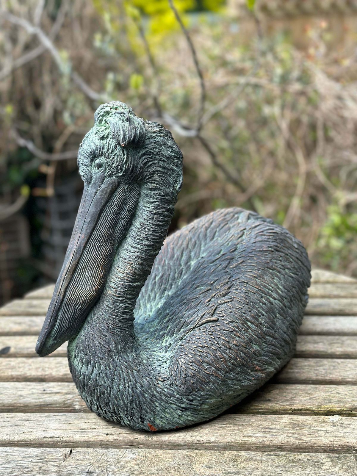 695.0 Beautiful Architectural Verdigris Bronzed Garden/Interior Sculpture/Statue Pelican With Fabulous Detailing photo