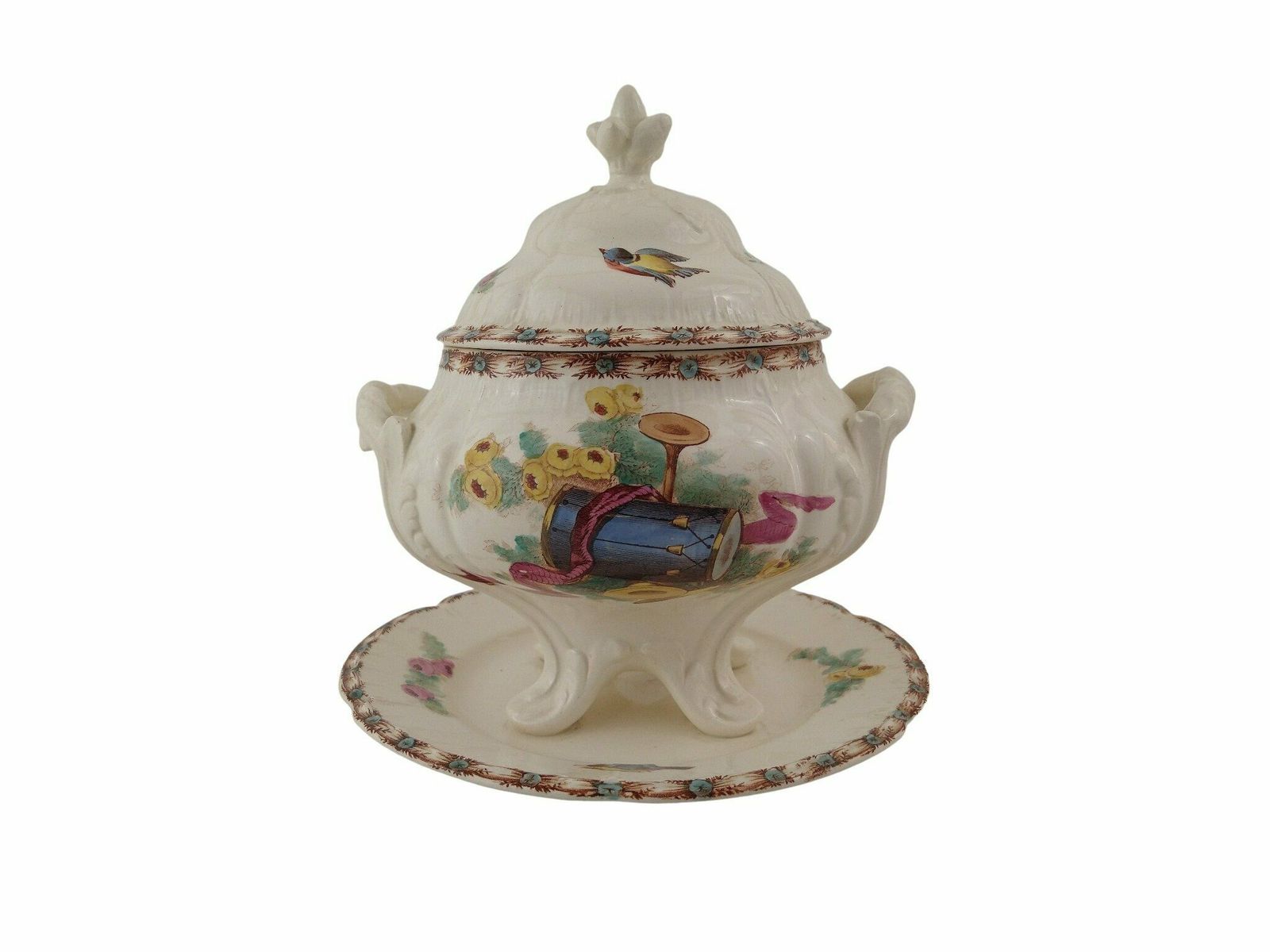 French Ironstone Tureen By Choisy Le Roi With Transferware Musical Instruments, French Ceramic Serving Dish With Plate And Lid